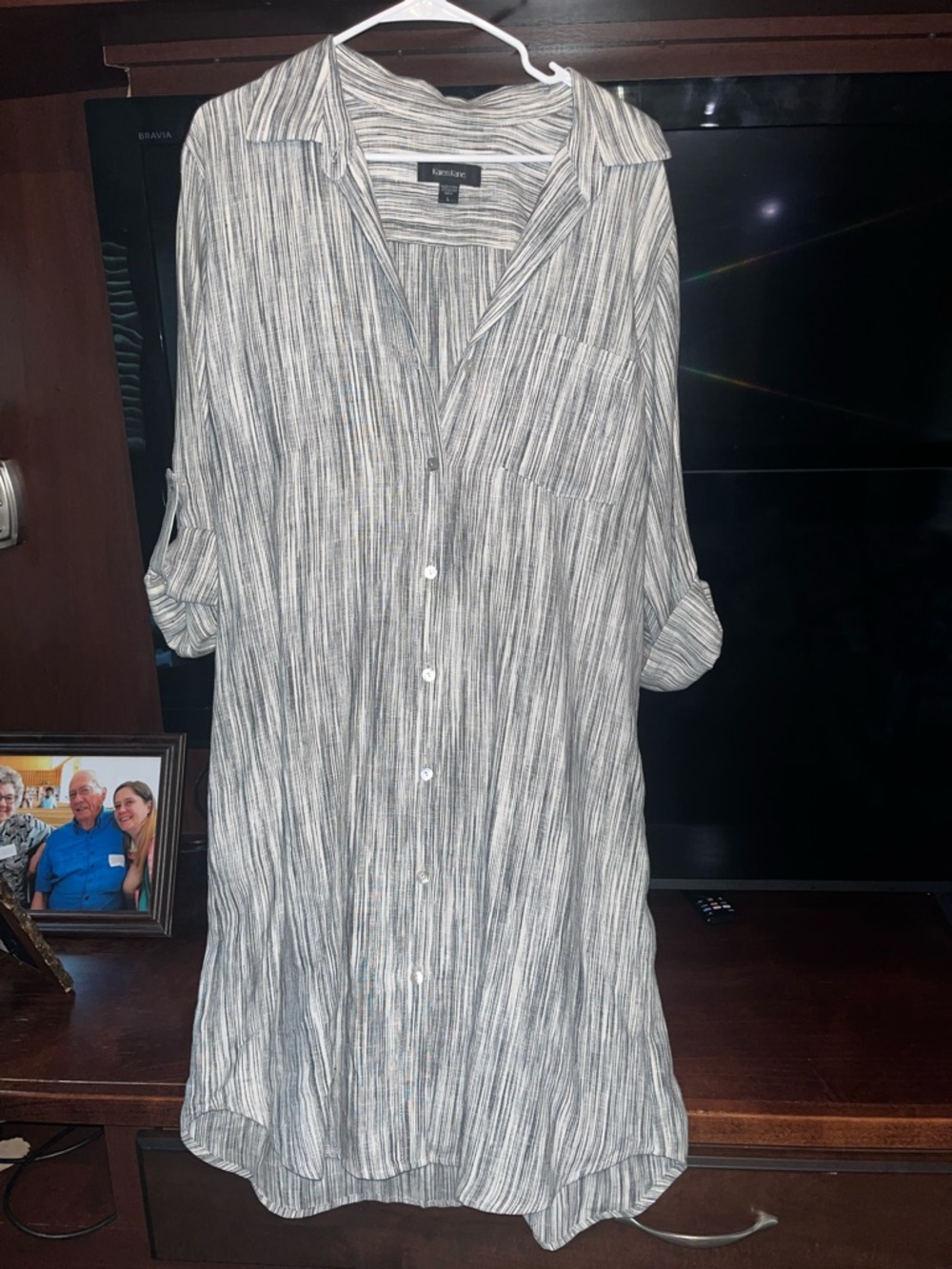 Karen Kane Striped Long-Sleeve Button Shirt Dress in Black and White